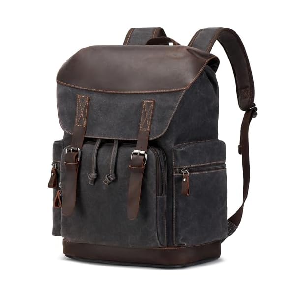 Nerlion-Leather-Backpack-for-Men-Waxed-Canvas-Laptop-Backpack-173-Inch-Rucksack-Vintage-Travel-Backpack-Black Nerlion Leather Backpack for Men Waxed Canvas Laptop Backpack