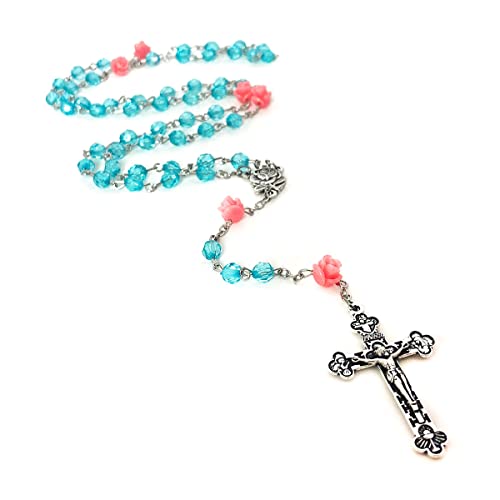 Lourdes Turquoise Crystal Cut Pink Rose Catholic Rosary Beads for Women - Necklace and Gift4