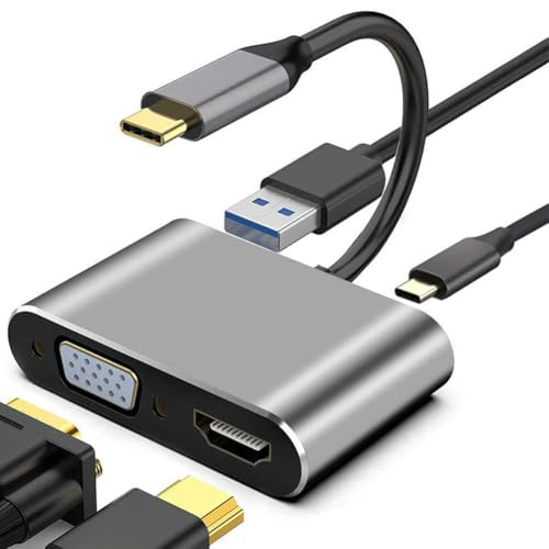 USB C to HDMI VGA Adapter, 4-in-1 USB C Hub with 4K HDMI, 1080P VGA, PD 60W Charging, USB 3.0 Data Port for Data Transfer, OTG Adapter, Compatible with MacBook, iPad, Samsung Phones
