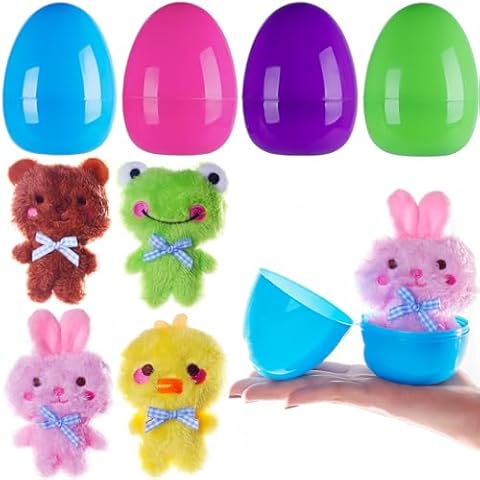 Exun Prefilled Jumbo Easter Eggs of 4.5" Stuffed Animal Plush Toys Keychain for Kids Easter Basket Stuffers/Fillers, Easter Eggs Hunt and Easter Party Favor, 4-Piece Sets Cover