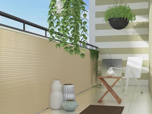 Polyrattan Sichtschutzmatte in Rattan-Optik PVC Sichtschutz Matte Sichtschutzzaun Balkongeländer Sichtschutzwand Balkonsichtschutz Balkon Zaun Windschutz Poolumrandung Zaun (beige, 300x100cm)