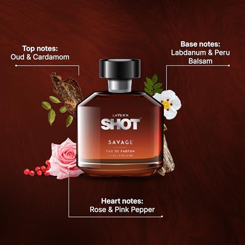 Image of Layer'r SHOT Savage Eau De Parfum for Men, 100ml | Long-lasting woody oriental fragrance with oud, cardamom, rose, pink pepper, labdanum & Peru balsam notes.
