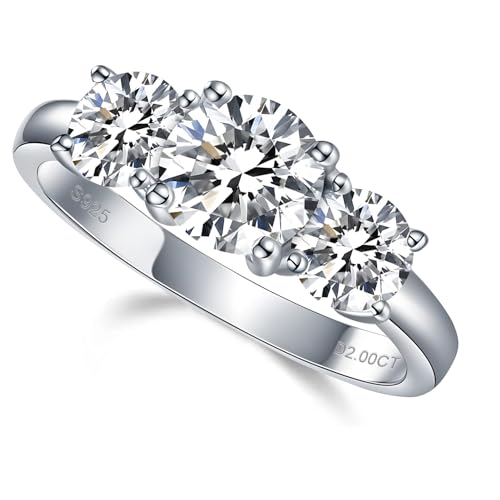 2CT Moissanite 3 Stones Rings for Women D Color VVS1 Clarity Round Created Diamond and 925 Sterling Silver with 18K White Gold Vermeil Size 5-10