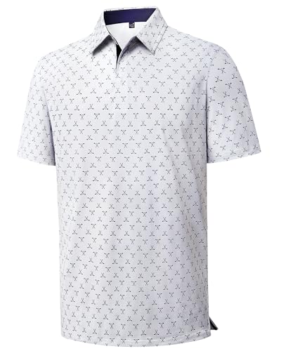 Alimens & Gentle Golf Shirt for Men Moisture Wicking Polo Shirts Short Sleeve Printed Dry Fit Business Tennis Tops White L