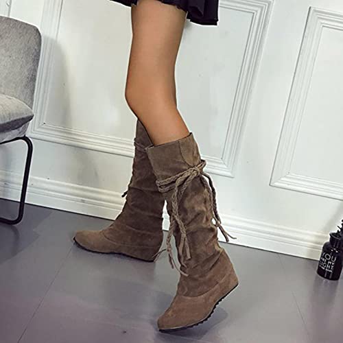 Hbeylia Hidden Heels Boots For Women Ladies Boho Fashion Casual Tassel Lace Up Suede Round Toe Slip On Flats Knee High Boots Bohemian Beach Wide Mid Calf Winter Fall Short Dress Boots Christmas Decor #TOP2
