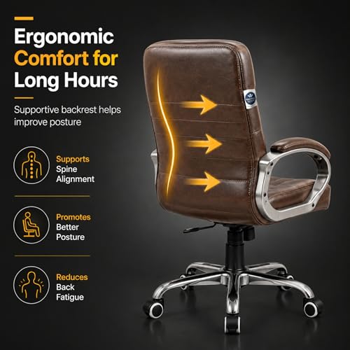 Image of Zen Executive Ergonomic Office Chair for Work from Home | Leatherette Revolving Chair with 360 Swivel, Chrome Base & Cushioned Seat (Brown, Mid Back)