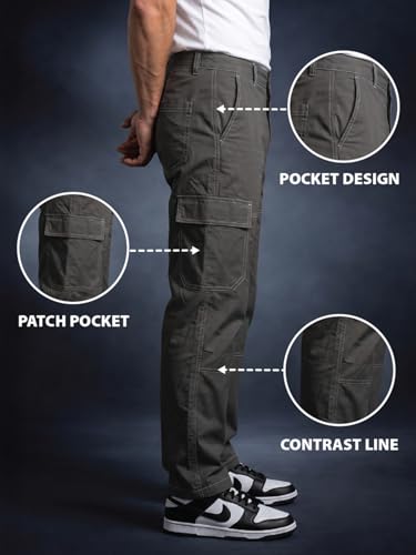 Image of Veirdo Men's Cargo Pants | Relaxed Fit Utility Trousers with Multi Pockets | Casual Streetwear Cotton Bottoms - Beige, Black & Grey| Sizes: S to XXL