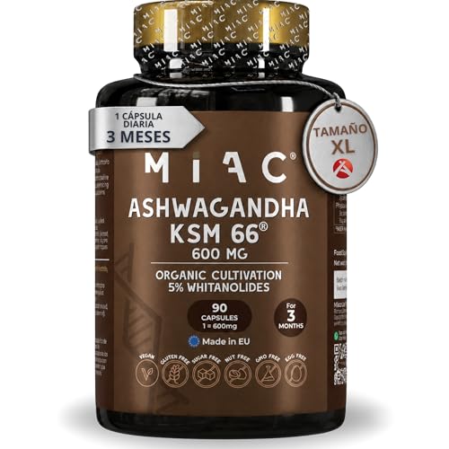 Ashwagandha KSM-66 ® ECOLÓGICA - Concentración de 600 mg por cápsula - Extracto de raiz Ashwagandha para combatir el extrés - 90 cápsulas - Certificada en laboratorio, Vegana y NO OGM