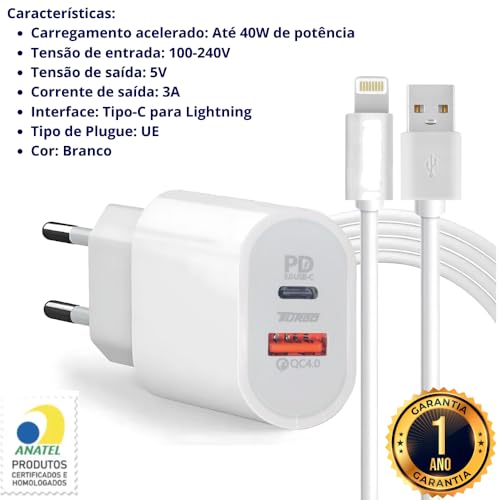 Carregador Turbo 40W Cabo Lighting 2 entradas iPhone X Xr 8 11 12 13 14 Plus Pro Max iPad iPad Saída