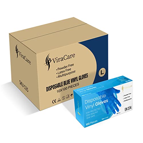 ViraCare 1000 x Blue Disposable Gloves Large | Vinyl Gloves Disposable | Latex free glove | Powder Free Glove | Strong And Non-Sterile | (Large)