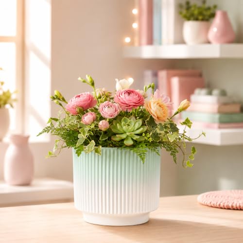 Image of Xtore Elegant Ribbed Ceramic Planter for Home & Office Decor | Modern Indoor Flower Pot with Soft Aqua-Toned Interior for Living Room, Bedroom, Desk, Shelf, Balcony & Window Styling (Shaded Green)