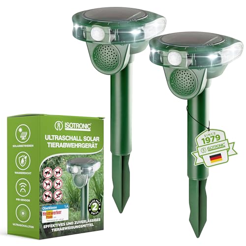 Preisvergleich Produktbild ISOTRONIC Ultraschall Solar Tiervertreiber, Katzenschreck, Hundeschreck, Wildtiere / 5m Reichweite je Gerät / einstellbare Frequenz / 2 Stück