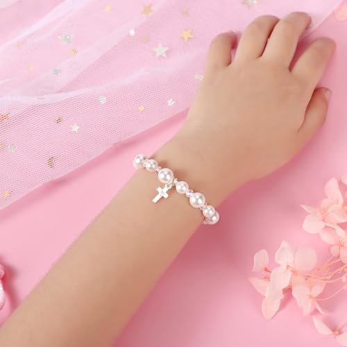 Image of Pearl Cross Bracelets for Girls, Sterling Silver Baby Bracelet, Baptism Gifts for Girl, Christening and First Communion Christian Jewelry Gift for Kids