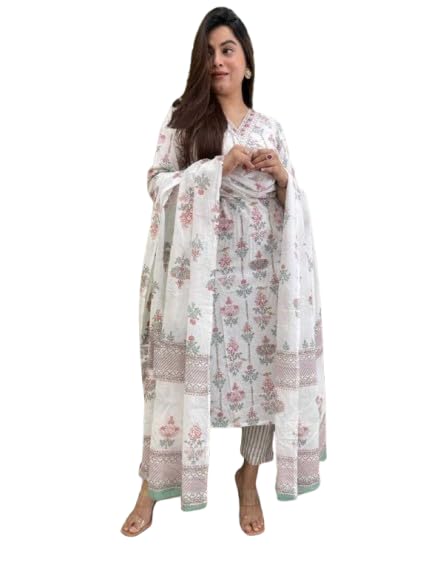 Pinkmint Kurta & Pant With Dupatta Set For Women '' V '' Neck Printed Straight Kurta Set Off White