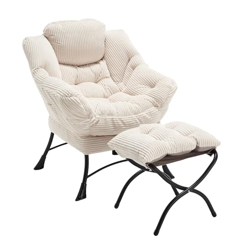 Luccalily Modern Lazy Chair with Ergonomic Ottoman, Comfortable Lounge Chair with Footrest for Space Saving, Comfy Reading Armchair for Living Room, Bedroom, Office, White