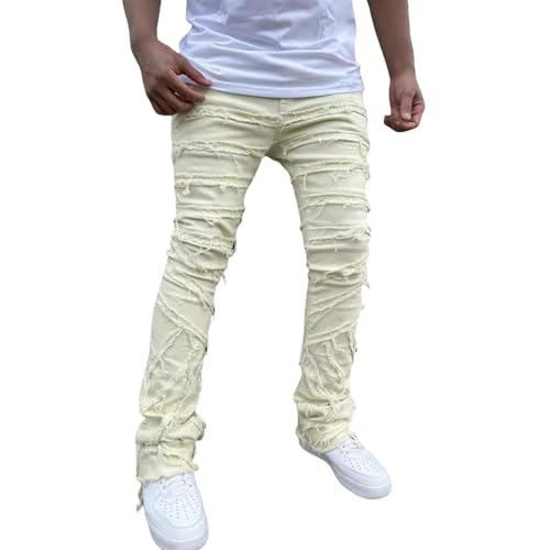 Jeans Pants Trouser Denim Stretch Trendy Street Personality Stacked Edge Tassel Workwear Straight Leg for Men