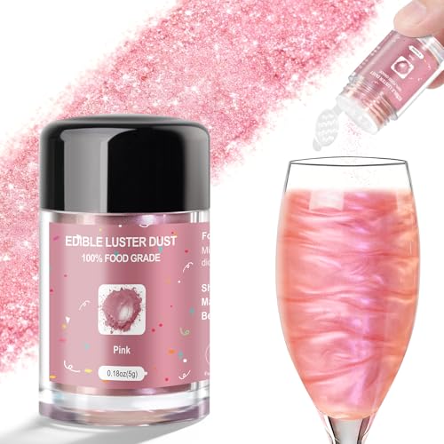 CRPTHE Pink Luster Dust Edible 5g, Edible Glitter for Drinks, Food Grade Glitter Shimmer Sprinkle Powder for Cocktails, Baking, Beverages, Cakes, Strawberries, Cookies, Fondant, Vegan
