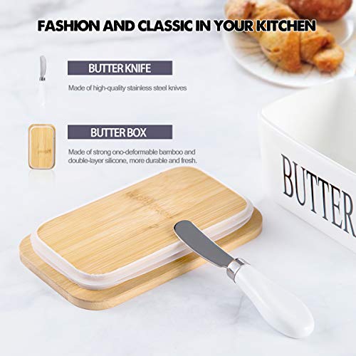 Hasense Porcelain Butter Dish With Bamboo Lid - Covered Butter Dish With Butter Knife For Countertop, Airtight Butter Container With Cover Perfect For East West Coast Butter, White #TOP5