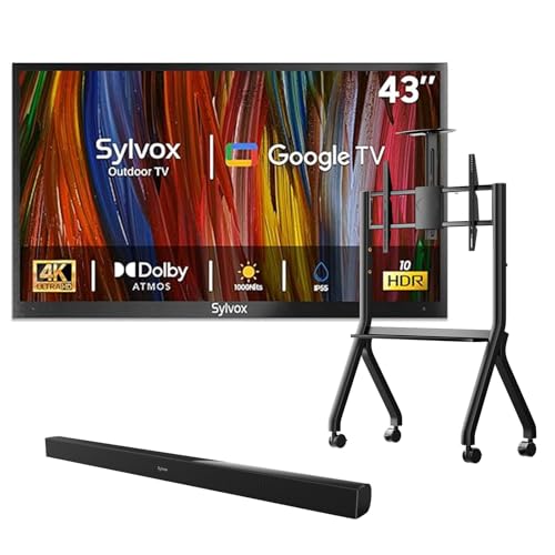 SYLVOX Outdoor TV with Rolling Stand & Soundbar, 43 inch 4K Smart TVs, Weatherproof & IP55 Waterproof, Support Google Assistant, 1000 nit Brightness Partial Sun (Deck Pro 2.0/2024)