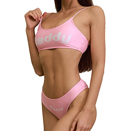 Women's 2Pcs Come Here Daddy Please Printed Bikini Swimsuit Bathing Suit Padded Bra Top Panty Set Strappy Lingerie Set Sleepwear Pink Large #TOP2