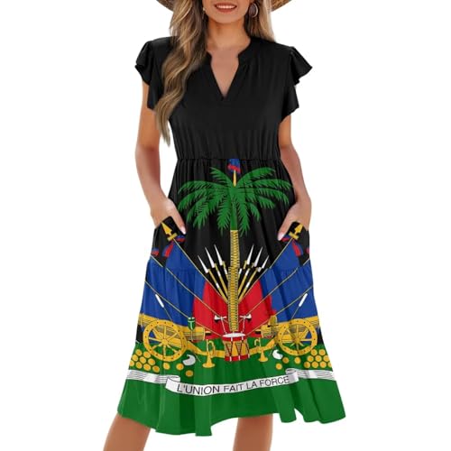 Image of Womens Summer Dress Ruffle Sleeve V Neck Dress Casual Fit Flowy Beach Vacation Sundress with Pocket S-2XL