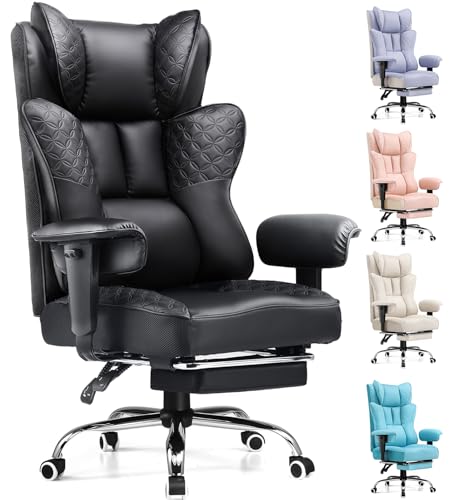Image of GTPLAYER Big and Tall Office Chair Wide Ergonomic Gaming Chair with Deluxe Embossing Designed Leather with Foot Rest,150Reclining Adjustable Soft Armrests Pocket Spring Back Support and Pillow