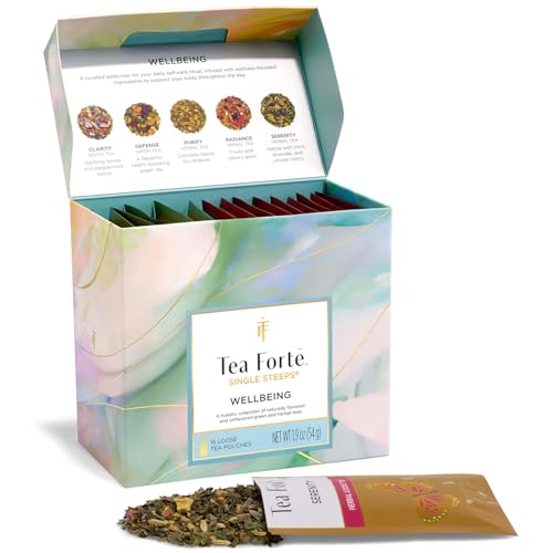 Image of Tea Forte Single Steeps Loose Leaf Tea Sampler, Assorted Variety Tea Box, 15 Single Serve Pouches, Wellbeing