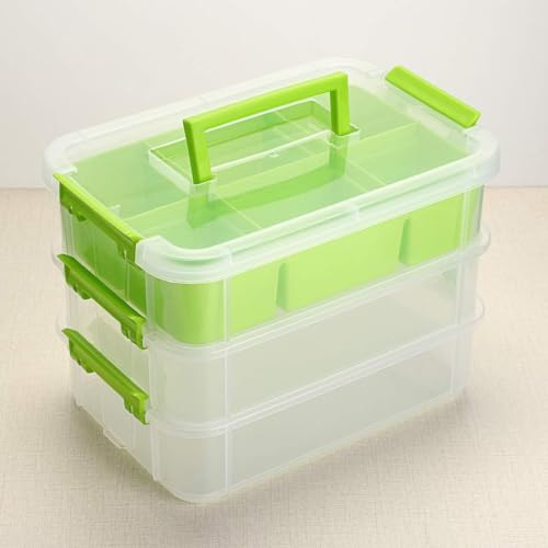 Image of plastic boxes for Storage transparent boxes for storage, Portable & Stackable Space Saving Organiser with Lid for Medicine, Jewelry, Arts & Crafts, Buttons, Beads (Green, 3 TIER WITH 1 TRAY)