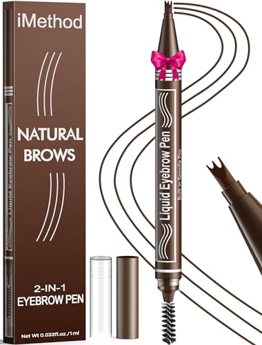 iMethod Microblading Eyebrow Pen - Eyebrow Pencil 2-in-1 Dual-Ended Eye Brow Pencils for Women with 3-Fork-Tip and Spoolie Brush Create Natural Hair-Like Defined Brows, Last All-Day, Dark Brown -  Dark Brown Eyebrow Pen with Brush