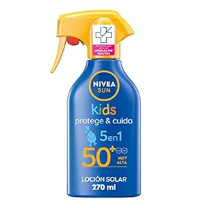 NIVEA SUN Spray Solar Kids Protege & Cuida FP50+ (1 x 270 ml), protector solar infantil resistente al agua, protección solar muy alta para niños