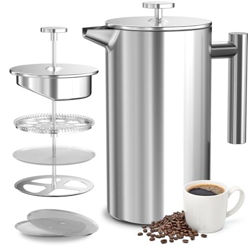 VOSFEEL French Press 1500ML Cafetiere 12 Cup Stainless Steel Coffee Press Double Wall Insulation 3 Level Filtration System Heat Resistant Easy to Clean