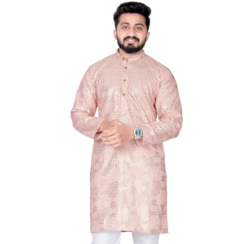 Men's Embroidered Sequined Kurta with White Pyjama Set Indian Traditional Party Wear Outfit