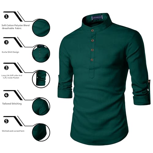Image of Zombom Men's Cotton Blend Solid Casual Regular Fit Mandarin /Chinese Collor Short Full Sleeve Kurta for Men
