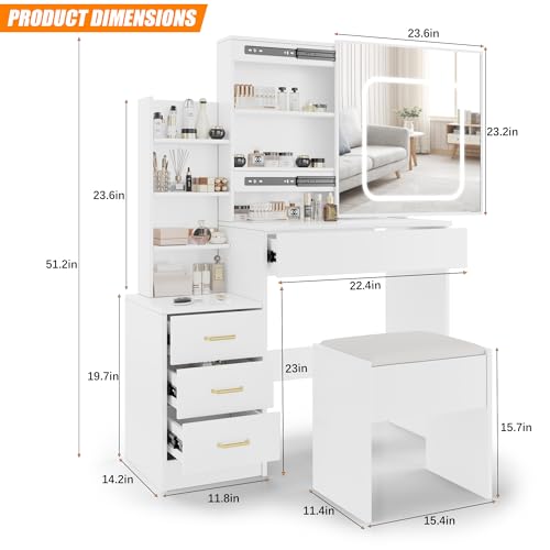 Vanity Desk with Sliding Mirror and Lights, Makeup Vanity Set with 4 Drawers, Stool, Power Outlet, Open Shelves, 3 Color Adjustable Lighting Modes, Makeup Dressing Table for Bedroom, White