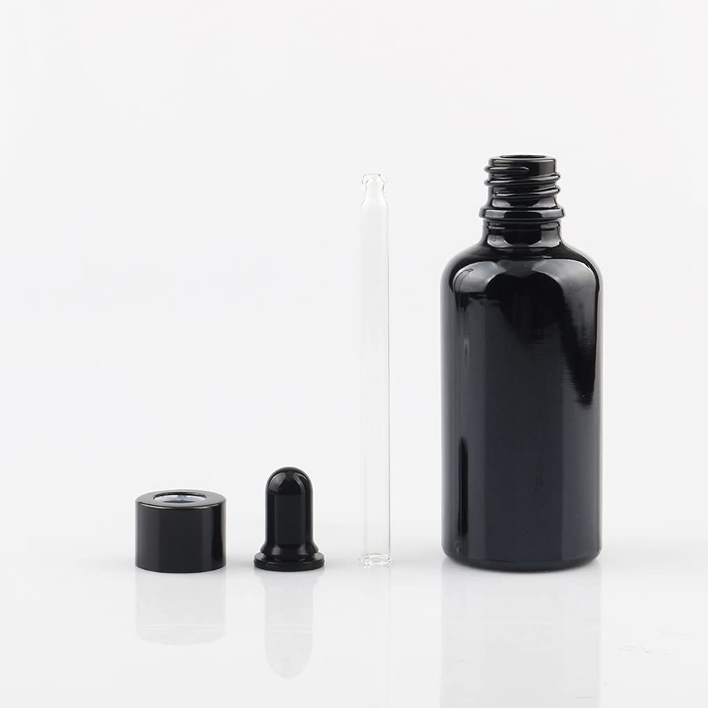 24 Pieza,Botella de Aceite Esencial Negro brillante de 50 Ml, Fácil de Llenar, Botellas de Cristal con anillo de Negro y pipeta,para Aceite Esencial, Masaje,Fragancia, Aromaterapia