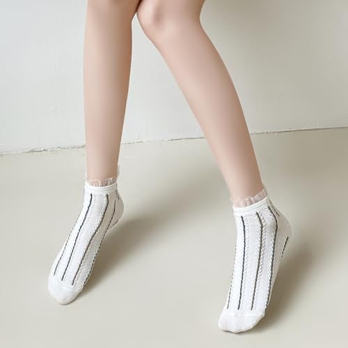 zrylibya Women Ruffle Frilly Lace Trim Ankle Socks Striped Textured Casual Cute Low Cut Socks 4 Pairs3