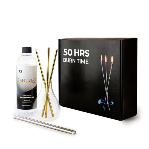 CANDWAX Refillable Candle - Everlasting Glass Oil Candle Gift Set with Lamp Oil Bottle 17oz Funnel and 2 Sets of Metal Wicks Gold and Silver - Ideal as Decorative Candles