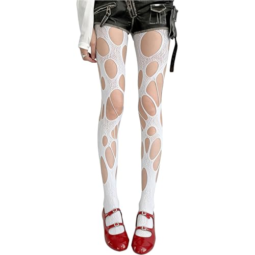 Image of Women's Ripped Fishnet Tights, Irregular Distressed Hole Mesh Stockings, Y2k Lace Sheer Pantyhose