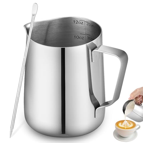 ​ISHEWUDU Milchaufschäumer Krug 350ml mit Latte Art-Stift, Edelstahl Milchkännchen für Kaffeemaschine und Barista, Kaffee Milchkännchen-Set für Latte Art, Cappuccino, Heimgebrauch ​