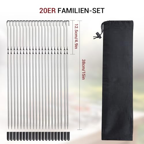 Homealexa 20 Stücke Grillspieße, Grill Kabob Spieße 37,5cm Edelstahl Lange Spieße Schaschlikspieße Fleischspieße für Lagerfeuer oder Grillschale