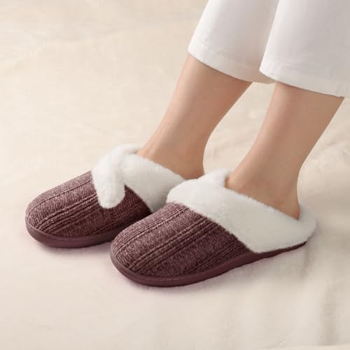 Image of Slippers for Women Fuzzy House Slip on Indoor Outdoor Bedroom Home Shoes | Furry Fleece Lined Ladies Comfy Memory Foam Female Anti-Skid Rubber Hard Sole