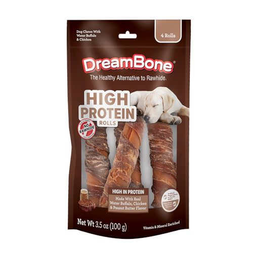 Image of DreamBone High Protein Rolls Rawhide-Free Dog Treats, 4 Count | Daily Chew, Digests Safely and Completely, Made With Real Water Buffalo Chicken & Peanut Butter, For Adult Dogs