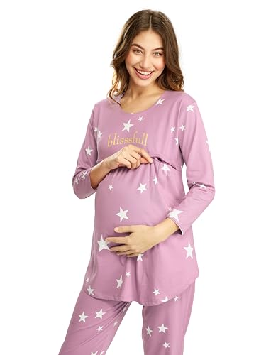 Image of LOTIK Women's Cotton Star Print Maternity & Feeding Night Suit Set