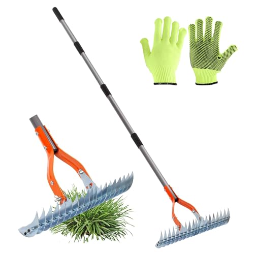 Rastrillo de paja de 15 pulgadas para jardín, rastrillo ajustable resistente para jardinería, rastrillo robusto de metal de acero eficiente con mango para limpiar la hierba muerta y voltear el suelo