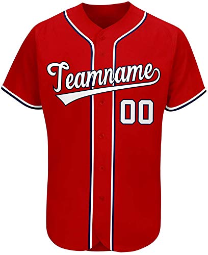 Personalize Printed Custom Novelty Button-Down Baseball Shirt Design Team Name & Number for Men Women Kids Red-White