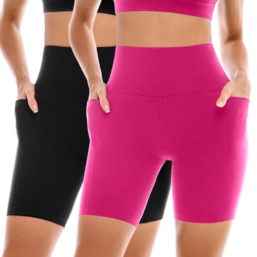 Ipletix 2 Pack Womens Biker Shorts with Pockets 6 High Waisted Tummy Control Yoga Shorts for Women Running Gym Black/Hot Pink SM