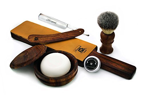 Shaving Brush,Leather Strop, Wooden Bowl,Soap & Leather Strop Paste.