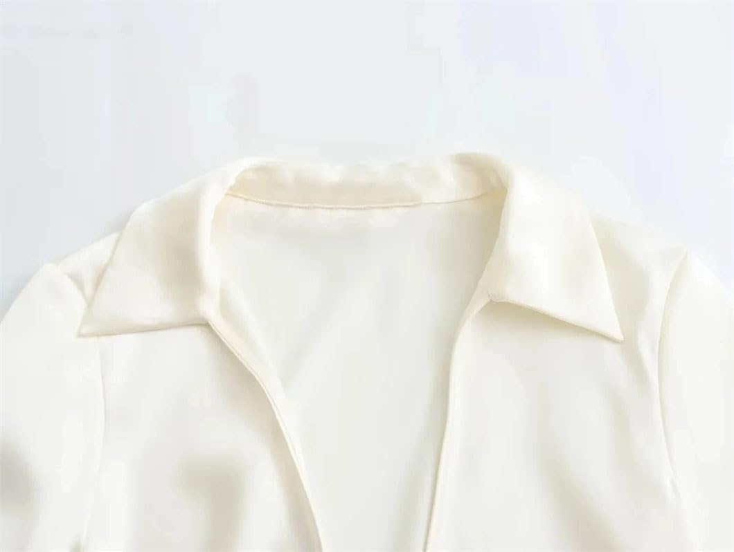 Blusas de satén con solapa para mujer, manga larga, lazo, con cordones, casual, ajustada, cuello en V, ropa de calle