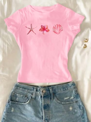 Image of RoseSeek Girl's Floral Graphic Crop Tops Tees Short Sleeve Crewneck Cute Slim Fit T Shirt Summer Tops