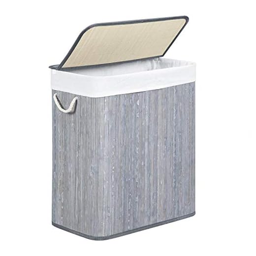 SONGMICS 100 L tvättkorg, bambulamelltvättkorg, klädkorg med klämlock och handtag, vikbar, avtagbar foderväska, sliten grå LCB71GW